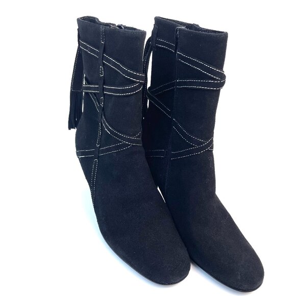 BisouBisou By Michele Bohbot MILOS Black Softy Suede Boots Leather Heels Sz7.5M - Picture 1 of 12